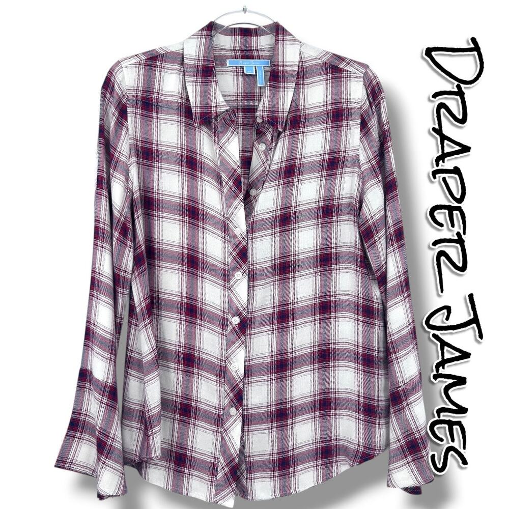 Draper James Plaid Button Front Blouse Red White Blue Size 10 Classic Preppy - Picture 1 of 12
